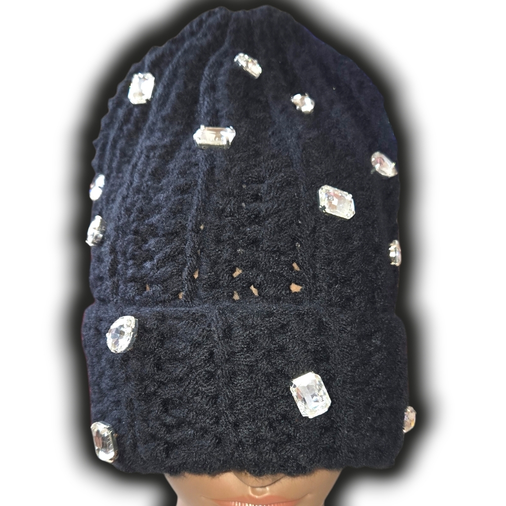 Chunky Black beanie/rhinestones, Handmade By Me, Hand Embroidery, Ask About Cus